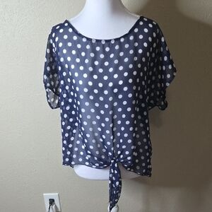 One Clothing Navy and White Polka Dot Sheer Blouse, Size Large